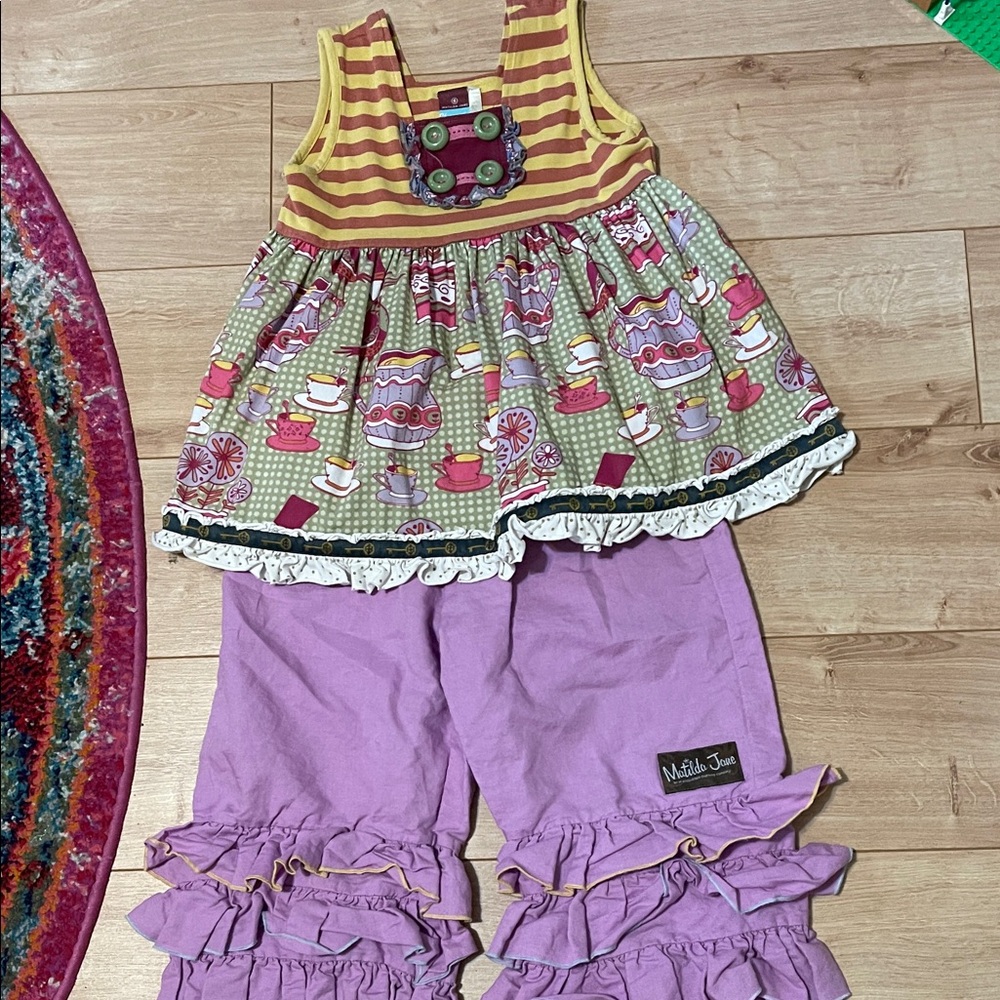 Matilda Jane Striped top with Teacup Print and Purple Ruffled Pants